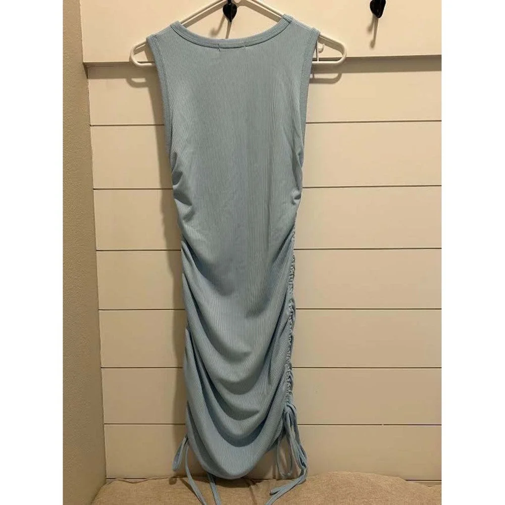 BTFBM Womens Ribbed Bodycon Dress Light Blue Ruched Side Drawstring Sleeveless M - Picture 3 of 7
